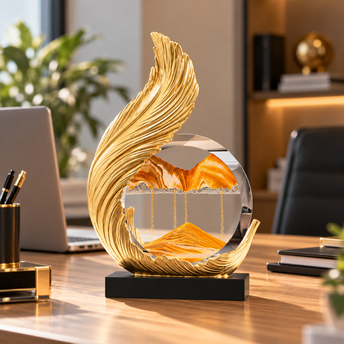 Golden Moving Sand Art Showpiece