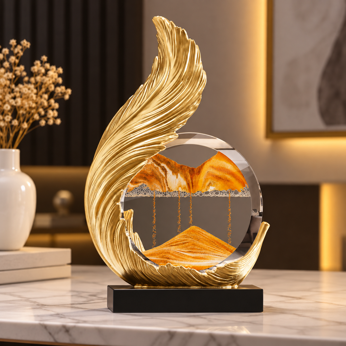 Golden Moving Sand Art Showpiece