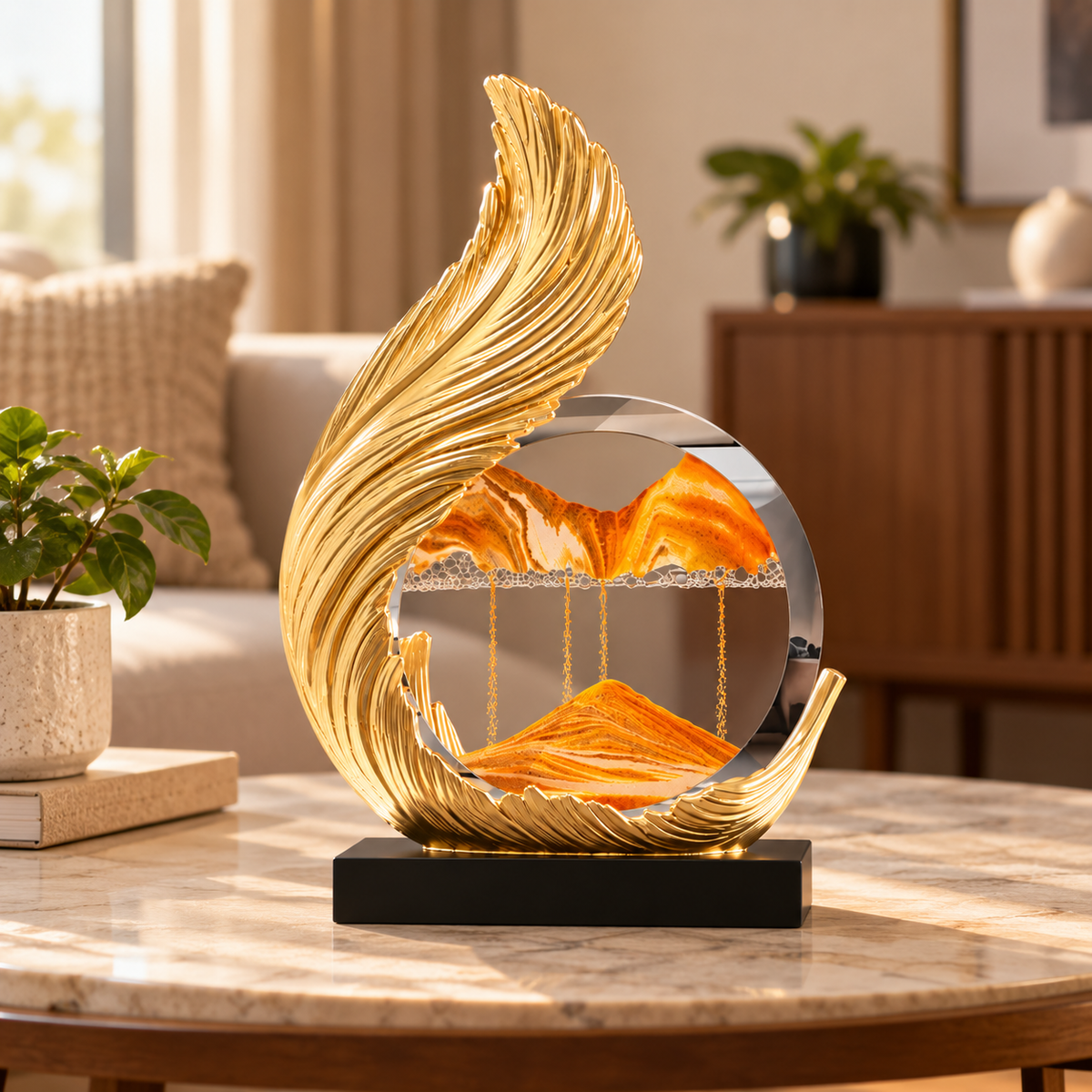 Golden Moving Sand Art Showpiece