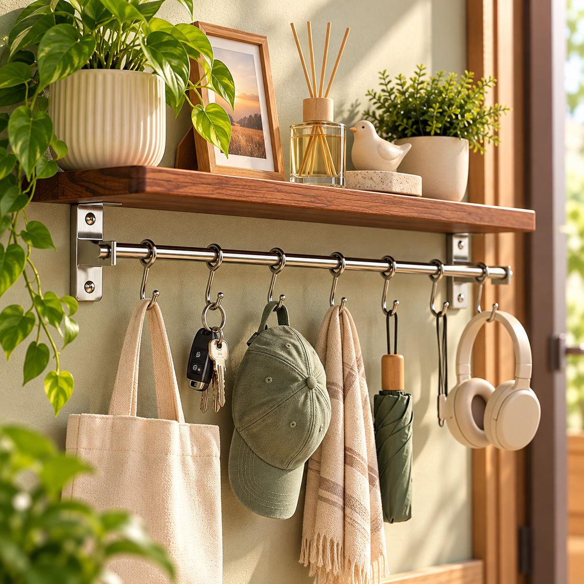 Multiuse Wall Shelf Sliding Hooks