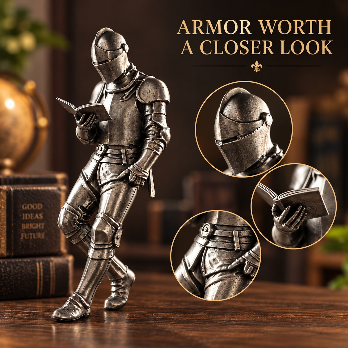 Medieval Reading Knight Book Decor Statue
