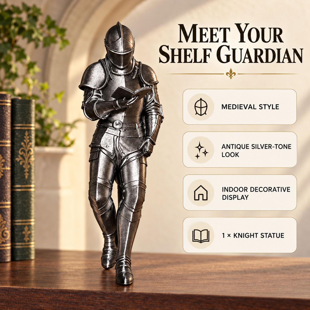 Medieval Reading Knight Book Decor Statue