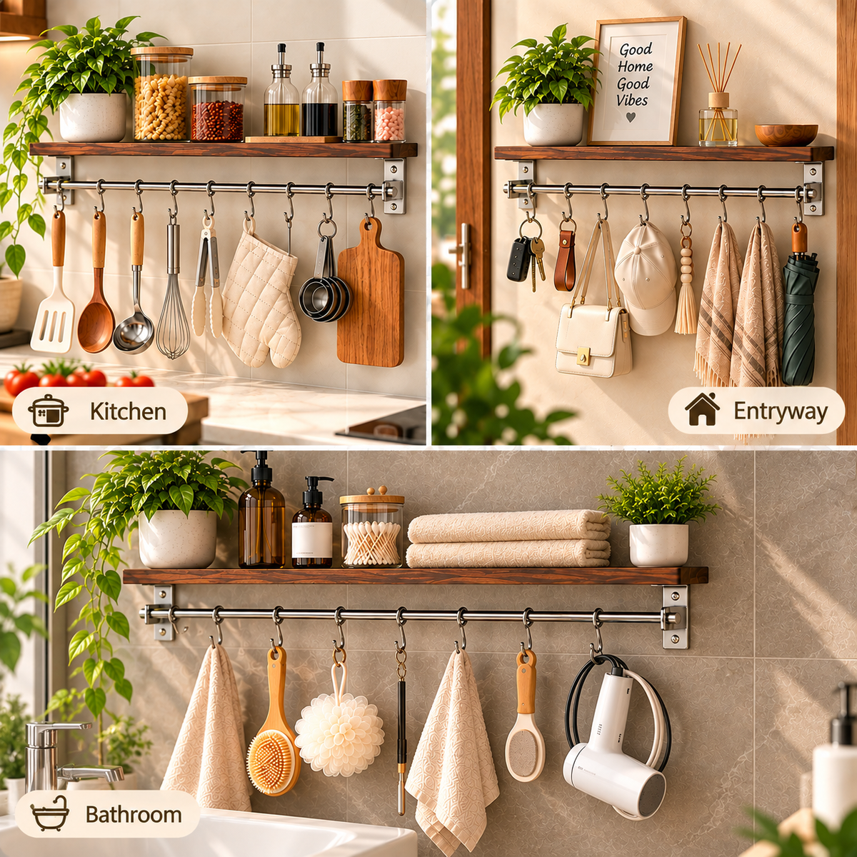 Multiuse Wall Shelf Sliding Hooks